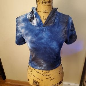 Style 5 Blue Soft Cropped Short Sleeve Hoodie Top Size Large